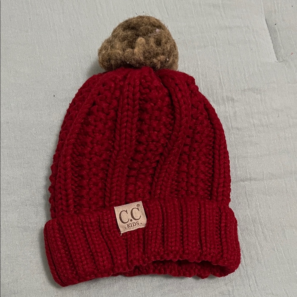 C.C Kids Red Knit Beanie with Brown Pom